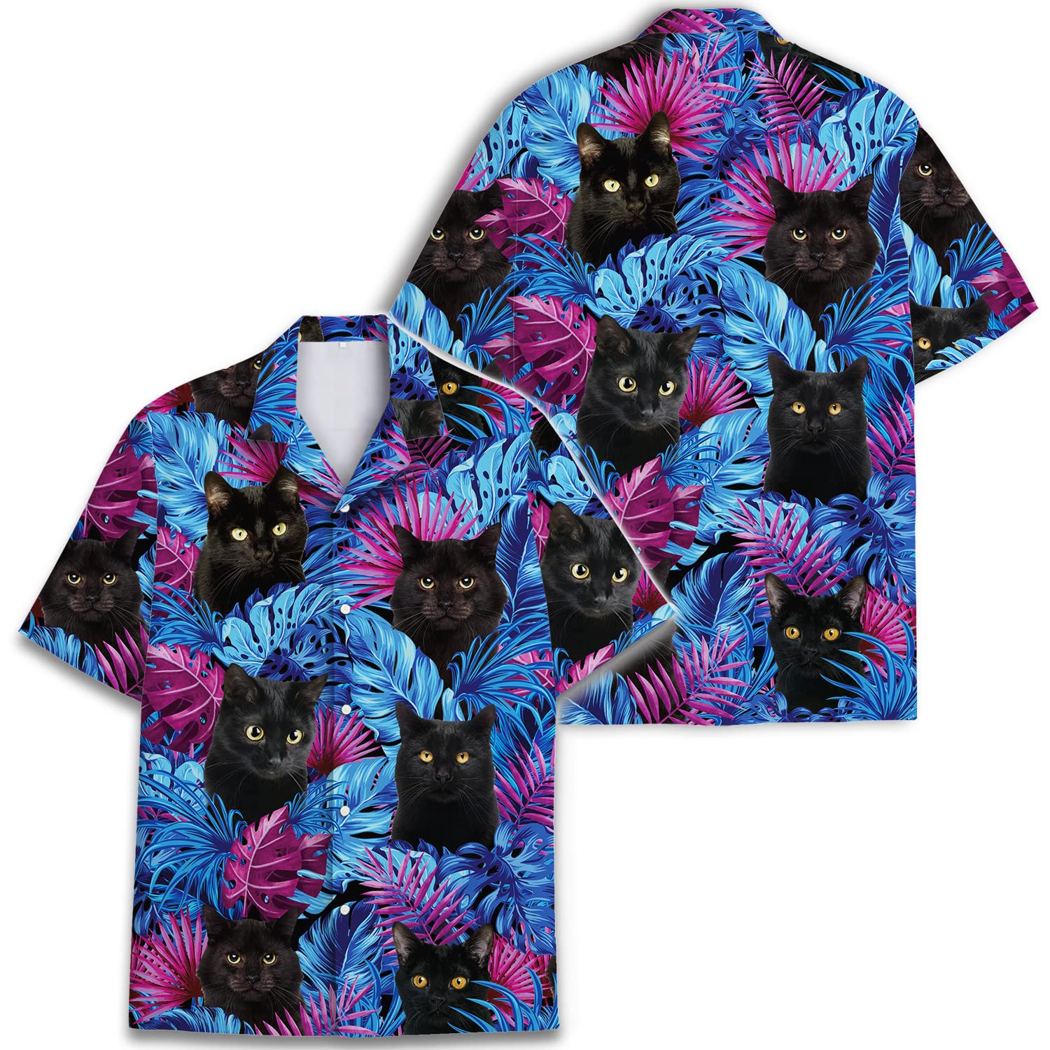 Black Cat Hawaiian Shirt - Tropical Jungle Leaves Aloha Shirt for Cat Lovers