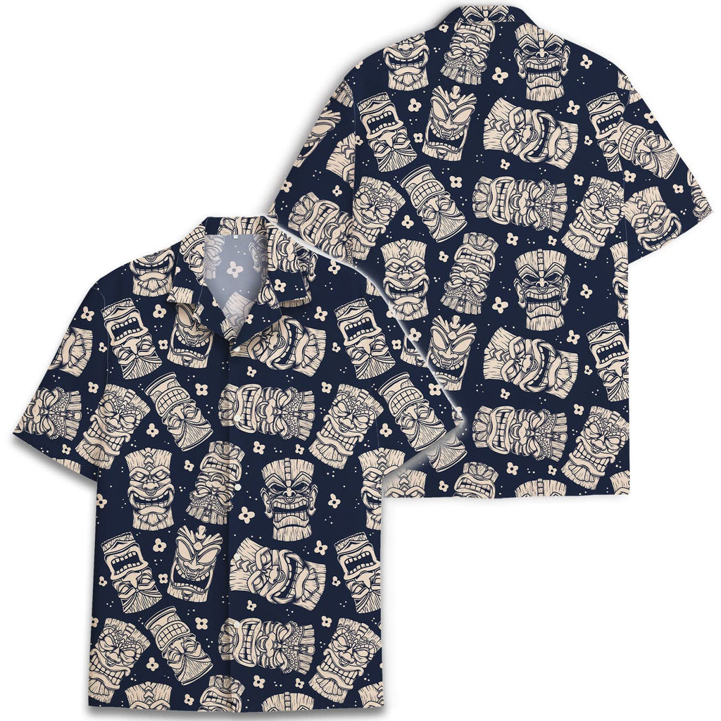 Navy Tiki Hawaiian Shirt - Tribal Mask Aloha Print Shirt for Men