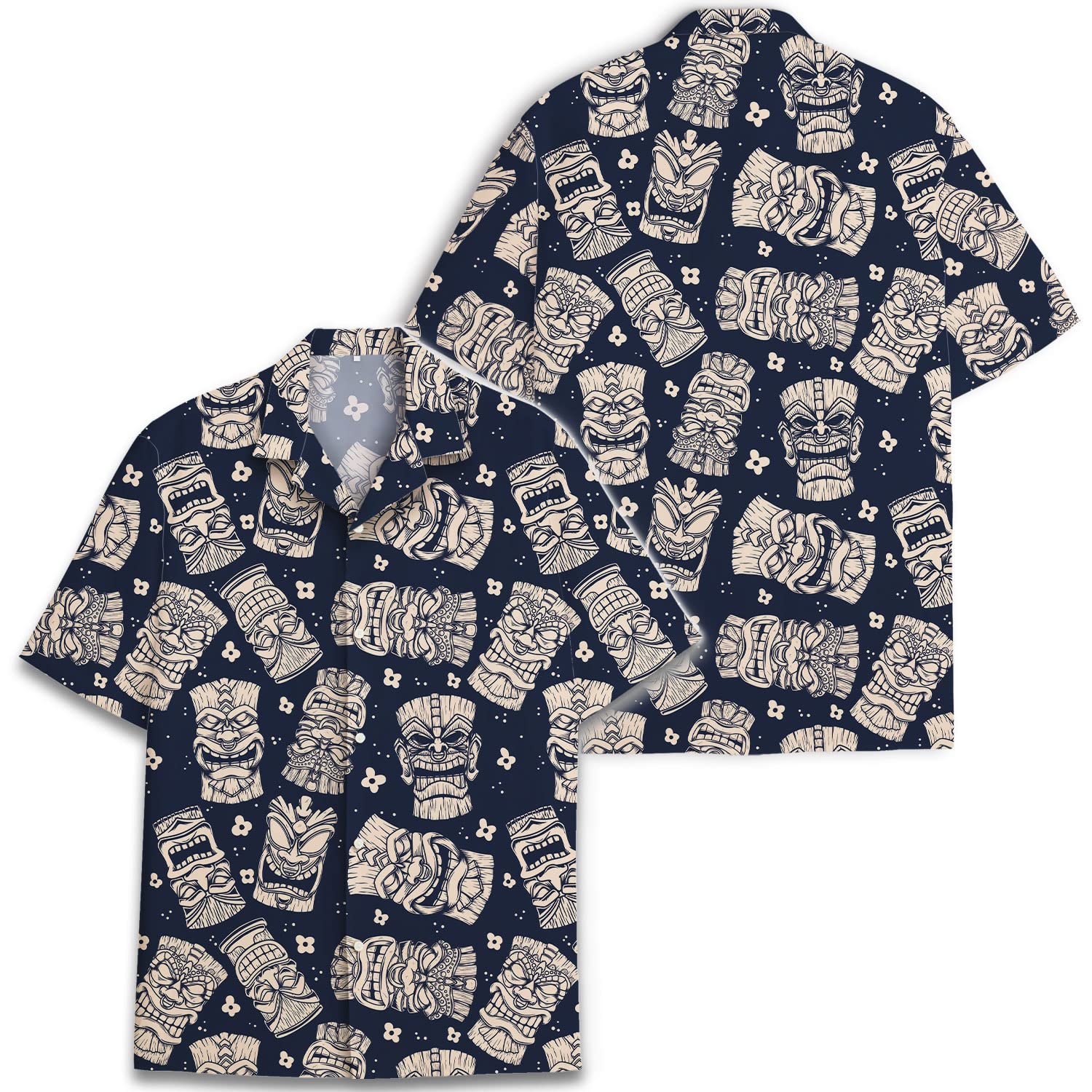 Navy Tiki Hawaiian Shirt - Tribal Mask Aloha Print Shirt for Men