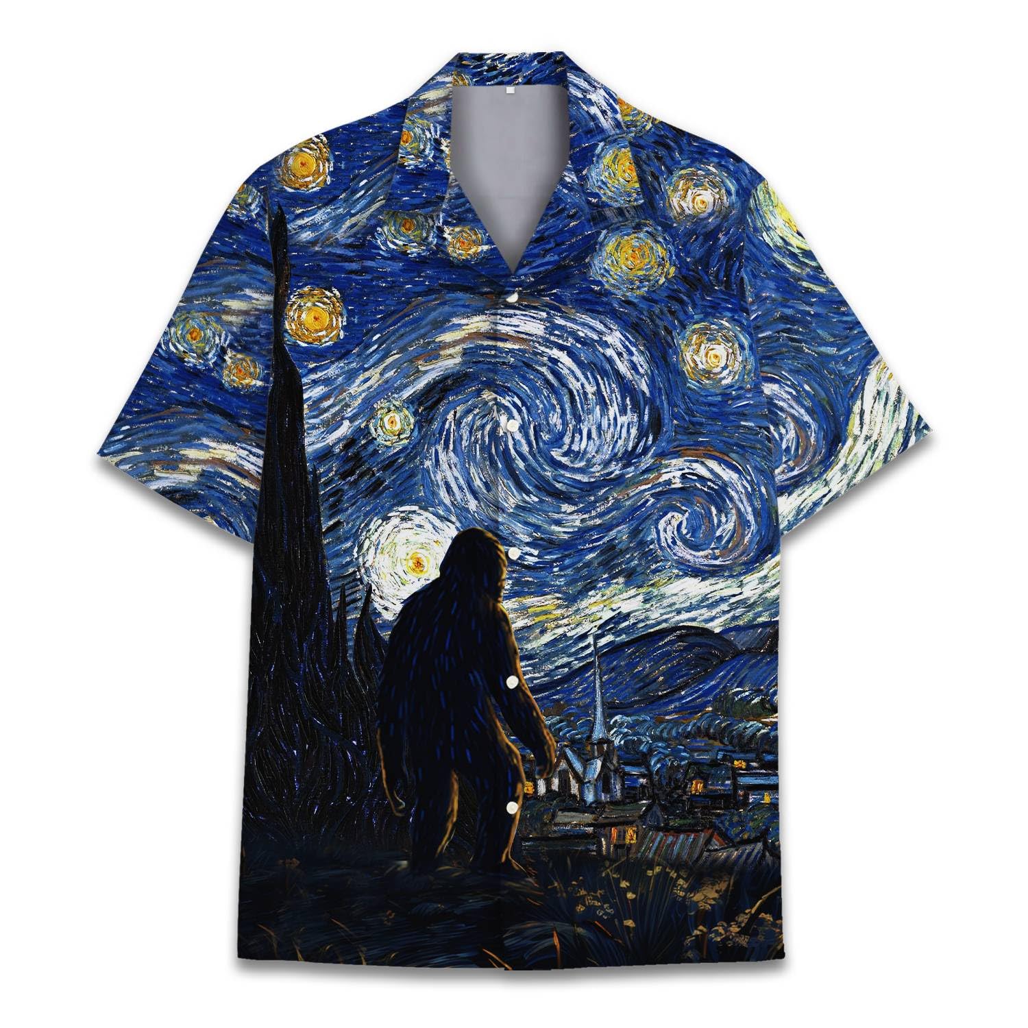 Bigfoot Starry Night Hawaiian Shirt - Funny Cryptid Art Tee