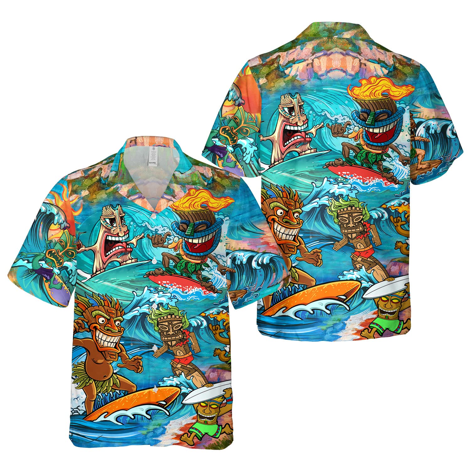 Men's Funny Tiki Hawaiian Shirt - Cartoon Surfing Tribal Print Aloha Beach Button Down