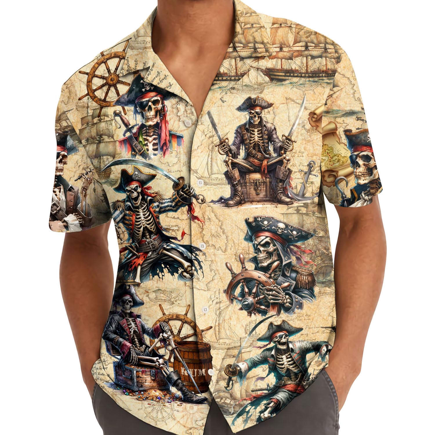 Skeleton Pirate Hawaiian Shirt - Halloween Pirate Aloha Shirt for Men