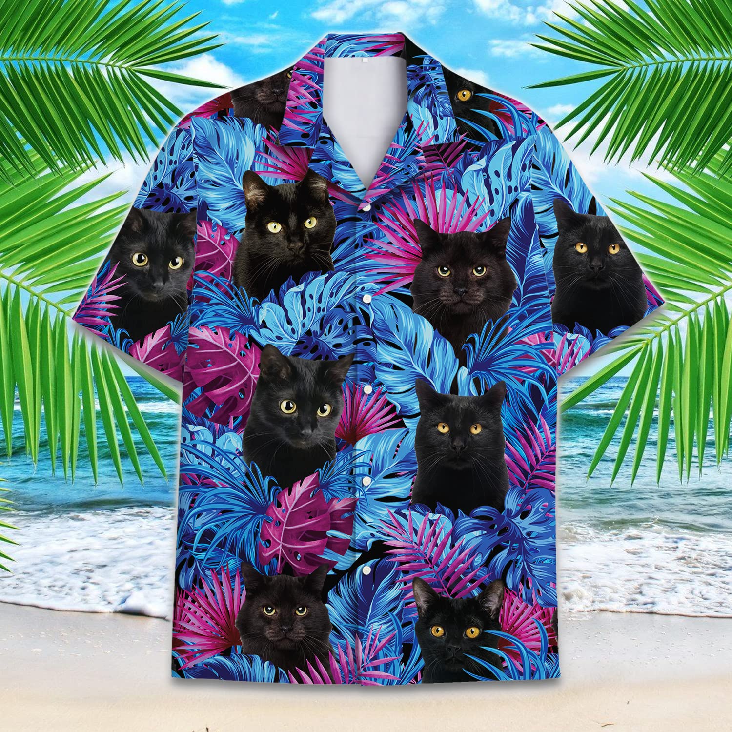 Black Cat Hawaiian Shirt - Tropical Jungle Leaves Aloha Shirt for Cat Lovers