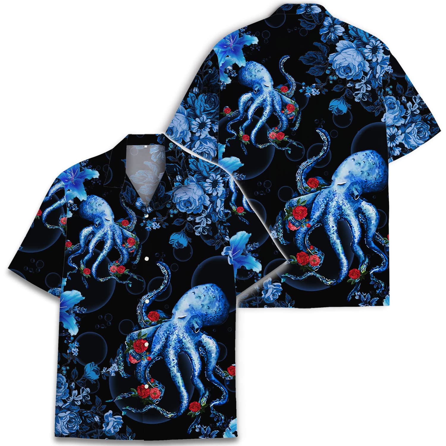 Octopus Floral Hawaiian Shirt - Blue Tentacle & Rose Print Aloha Shirt