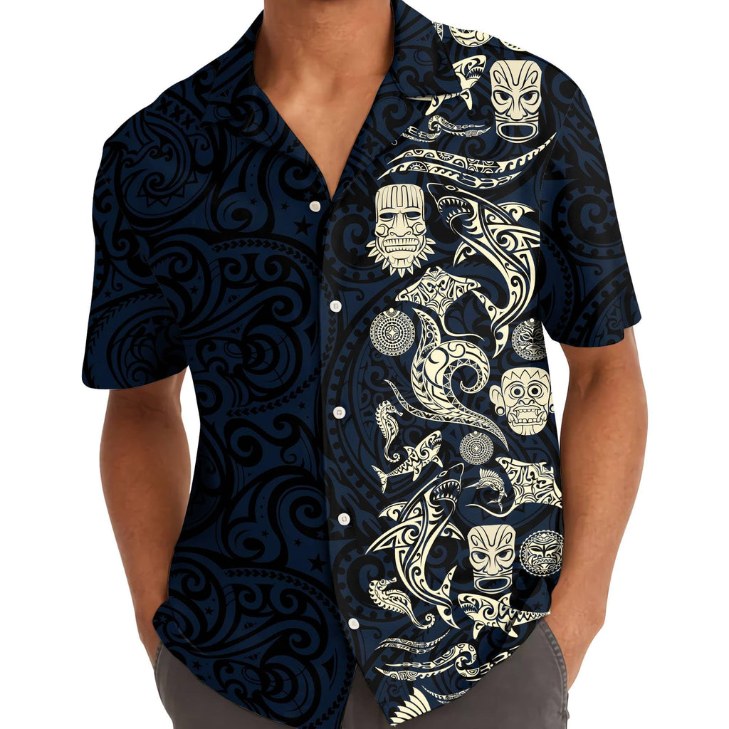 Polynesian Tribal Hawaiian Shirt - Black & Ivory Tiki Island Print