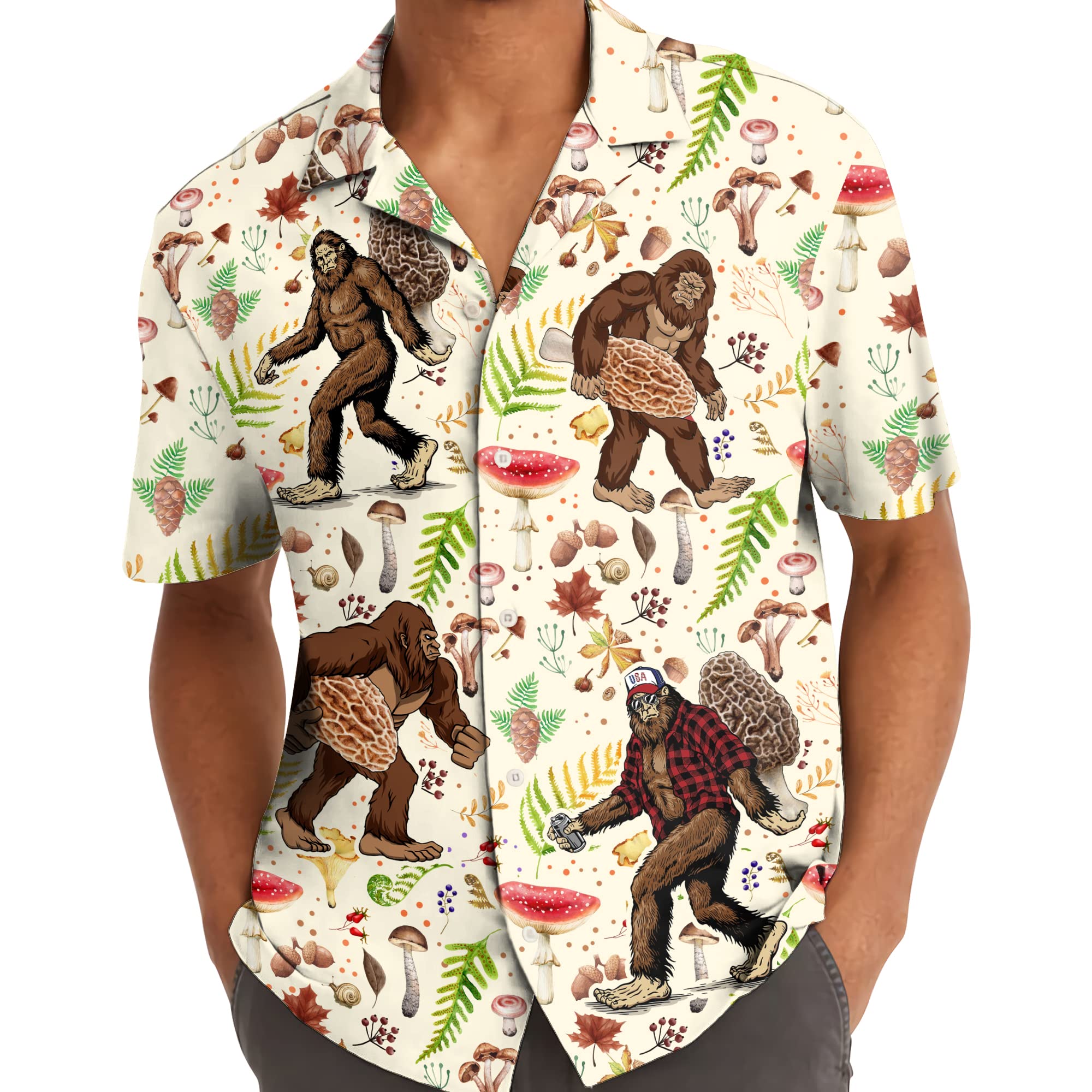 Morel Mushroom Bigfoot Hawaiian Shirt - Funny Sasquatch Forager Shirt for Men