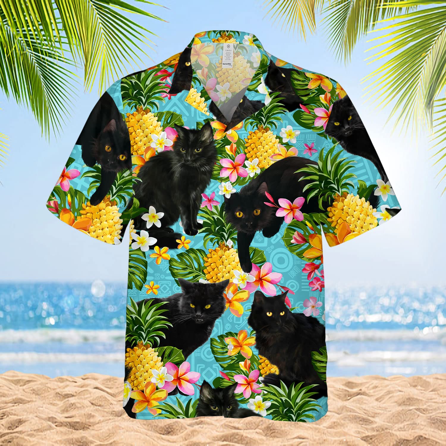 Black Cat Hawaiian Shirt - Tropical Pineapple & Floral Print Aloha Shirt
