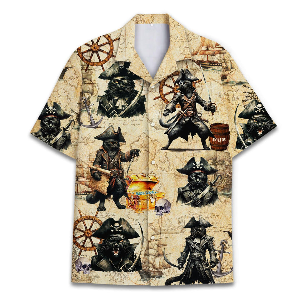 Pirate Cat Hawaiian Shirt - Funny Tropical Pirate Treasure Map Shirt
