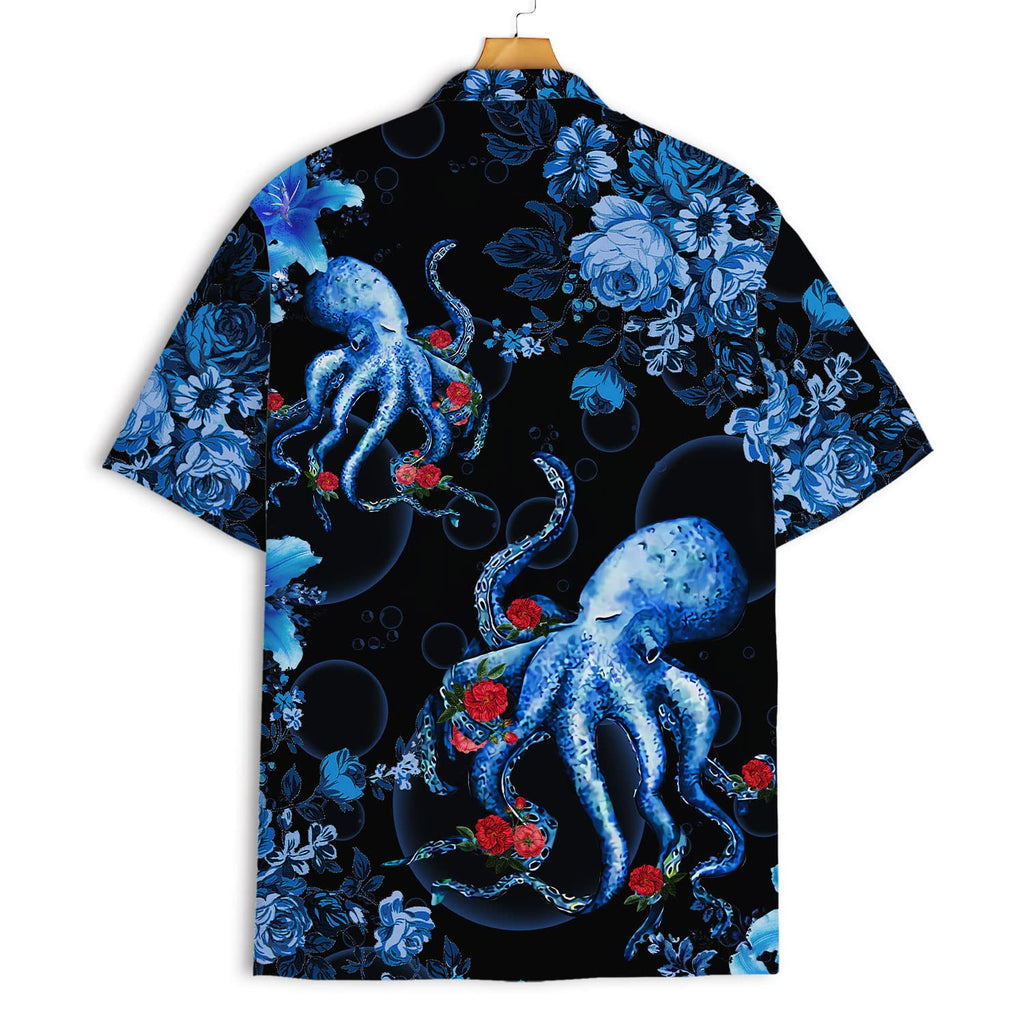 Octopus Floral Hawaiian Shirt - Blue Tentacle & Rose Print Aloha Shirt