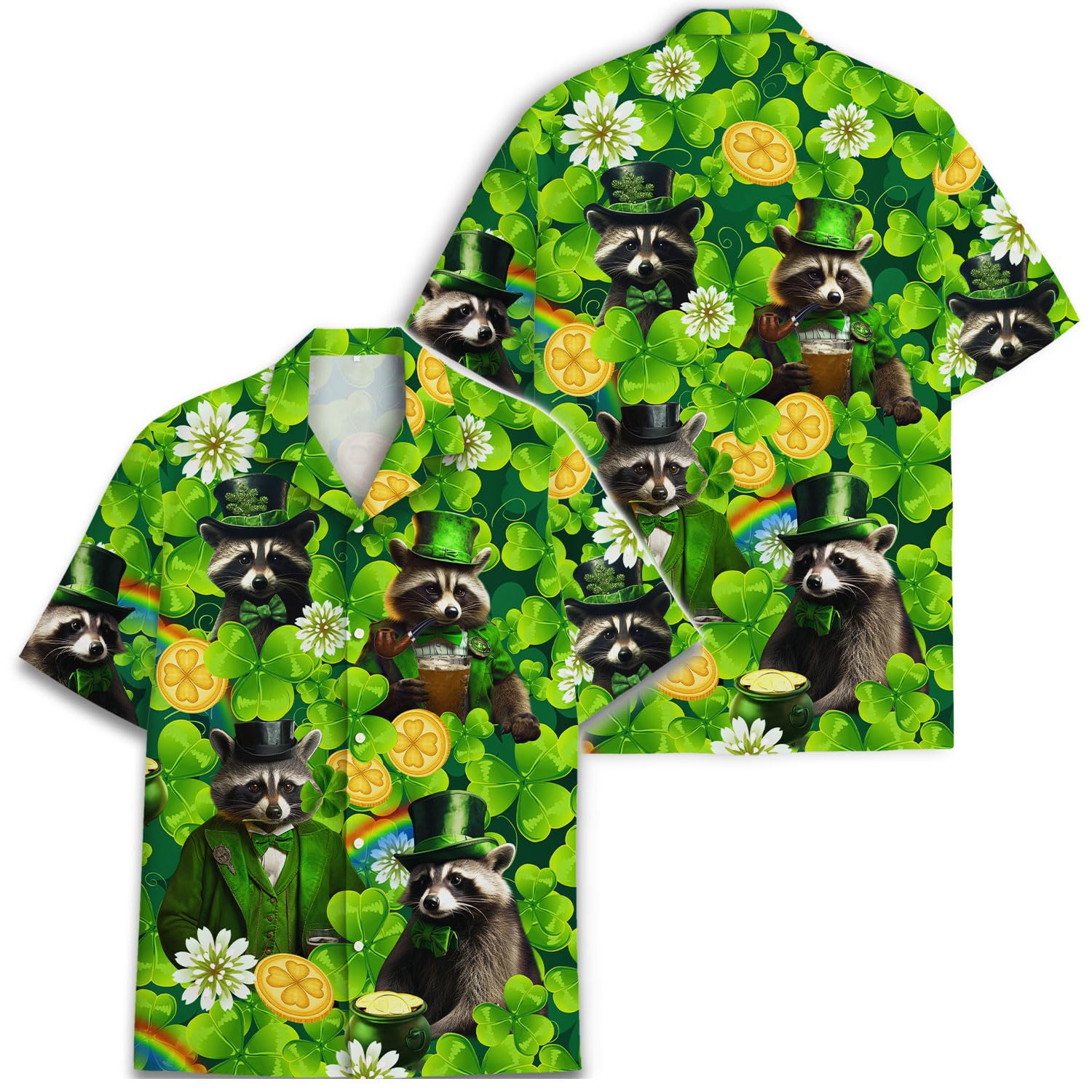St. Patrick's Day Raccoon Hawaiian Shirt - Lucky Leprechaun Clover Print