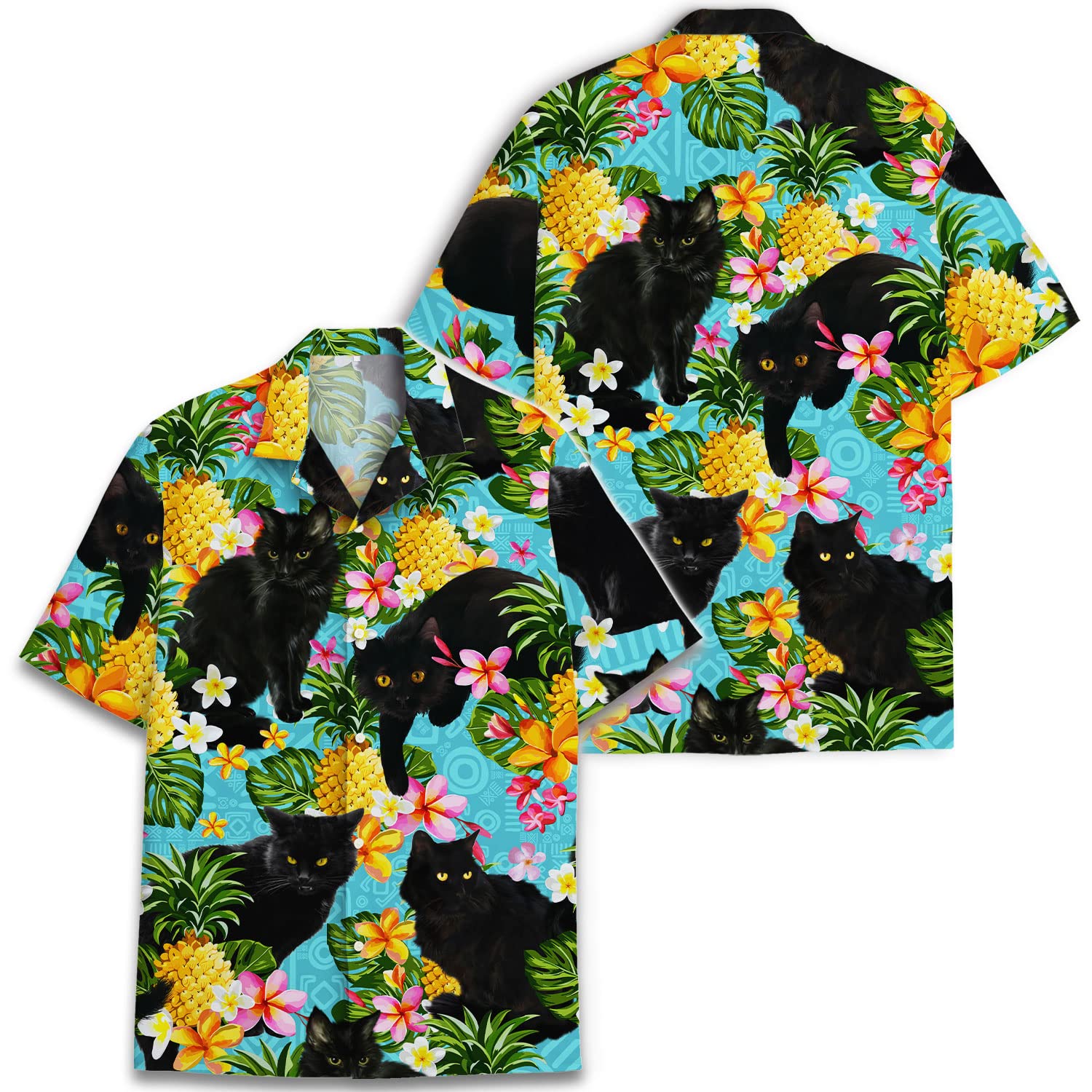 Black Cat Hawaiian Shirt - Tropical Pineapple & Floral Print Aloha Shirt