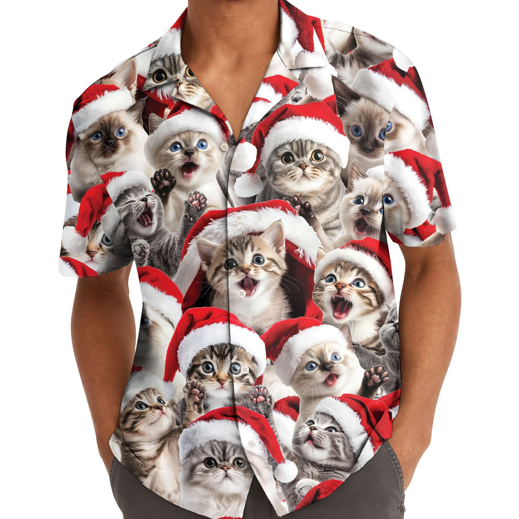 Christmas Cat Hawaiian Shirt - Cute Kittens in Santa Hats Aloha Shirt