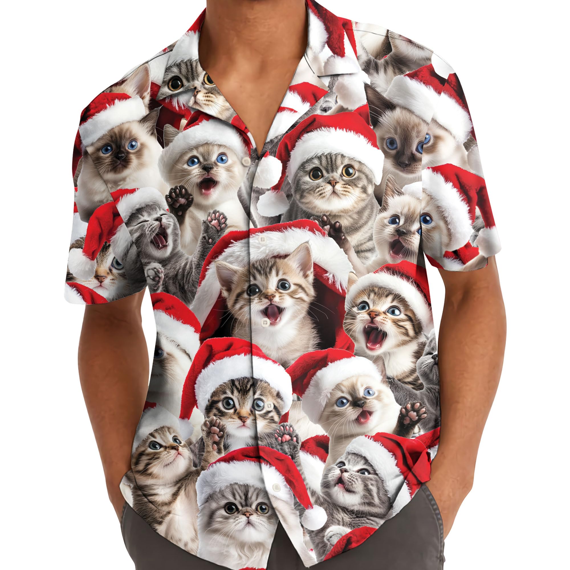 Christmas Cat Hawaiian Shirt - Cute Kittens in Santa Hats Aloha Shirt