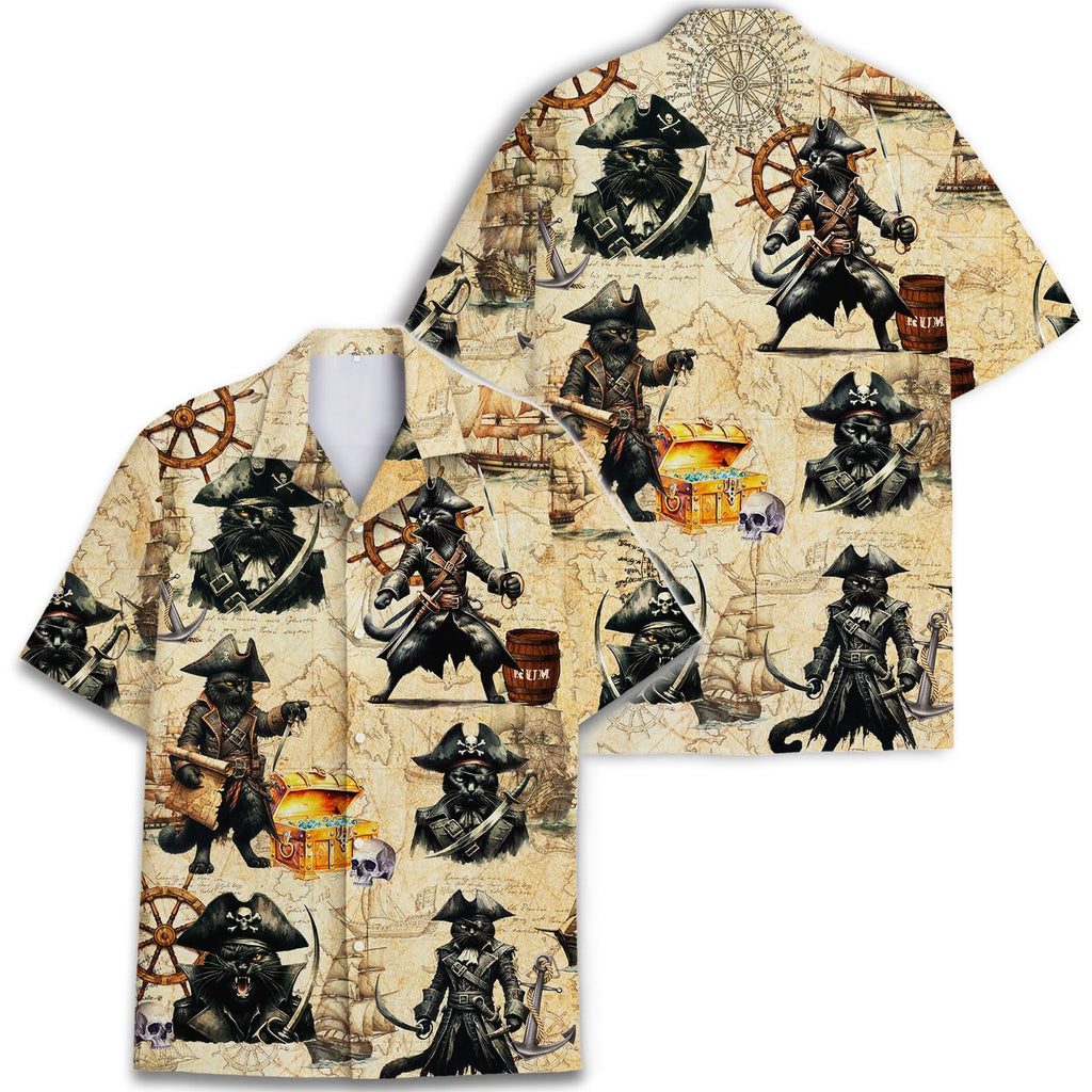Pirate Cat Hawaiian Shirt - Funny Tropical Pirate Treasure Map Shirt
