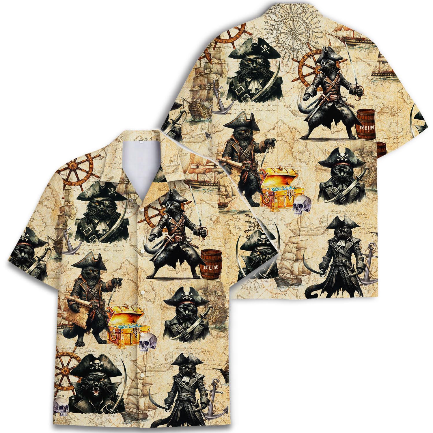Pirate Cat Hawaiian Shirt - Funny Tropical Pirate Treasure Map Shirt
