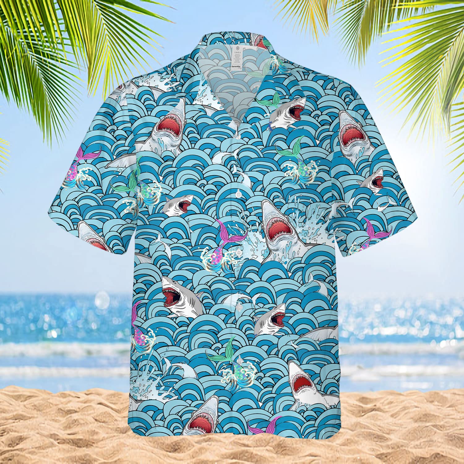 Shark Attack Hawaiian Shirt - Funny Ocean Waves & Mermaid Print Aloha Shirt