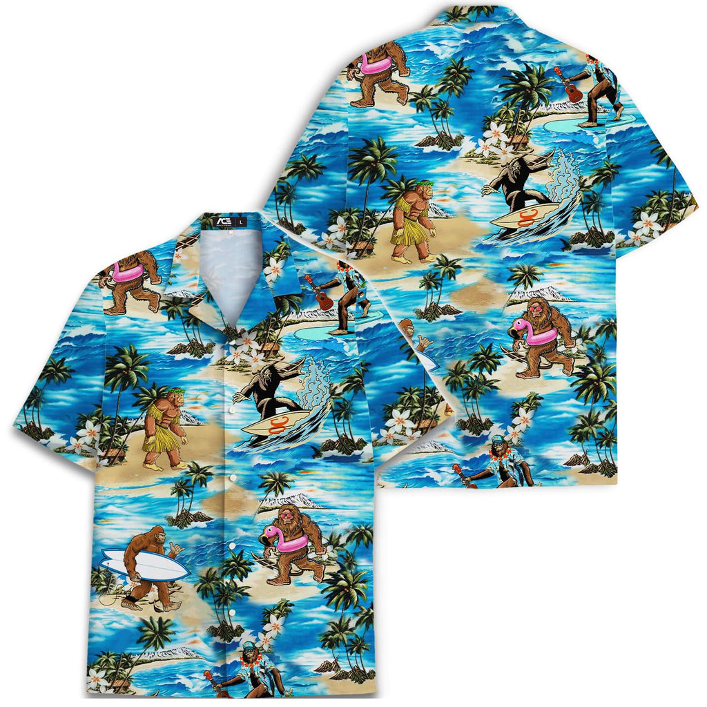 Funny Bigfoot Beach Hawaiian Shirt - Surfing Sasquatch Tropical Print