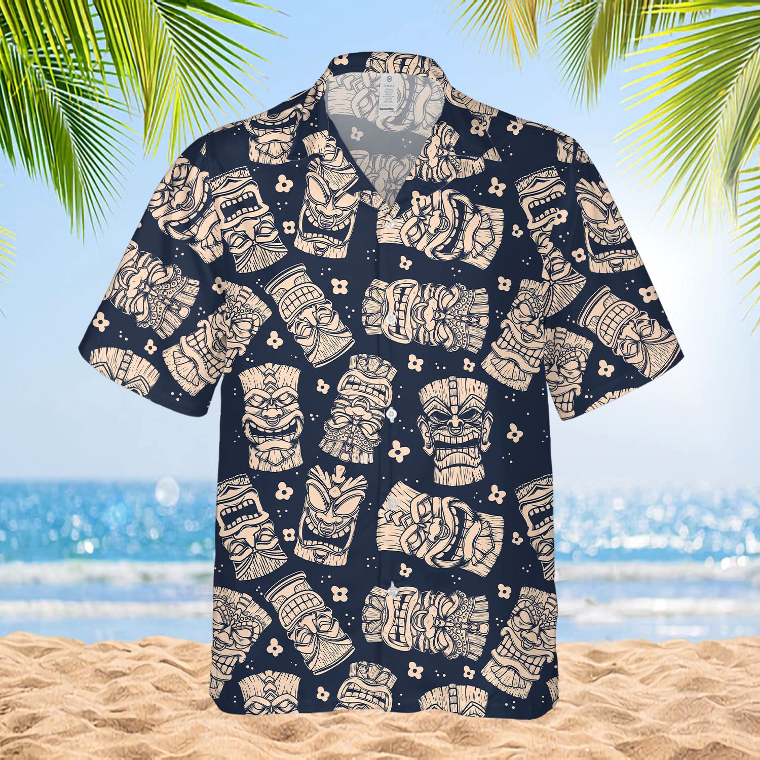 Navy Tiki Hawaiian Shirt - Tribal Mask Aloha Print Shirt for Men