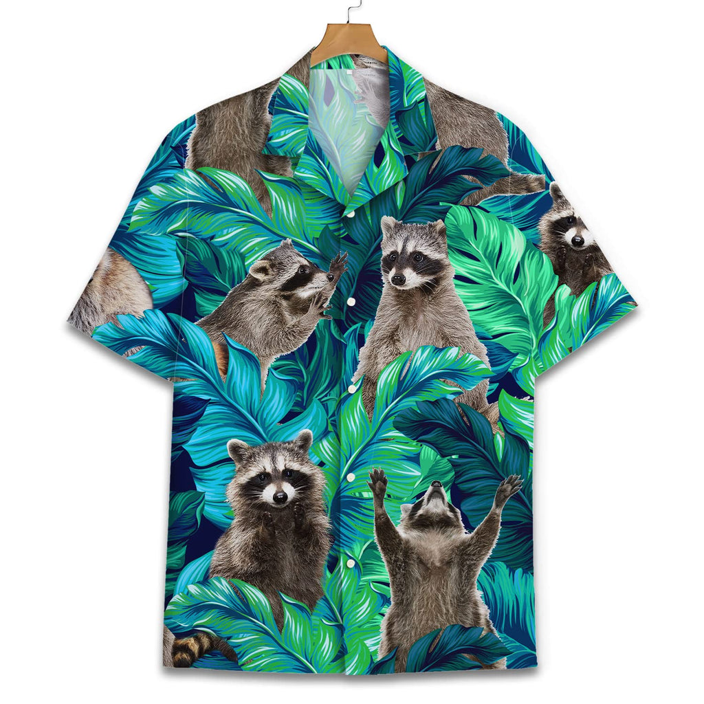 Funny Raccoon Hawaiian Shirt - Green Tropical Leaf Print Aloha Shirt