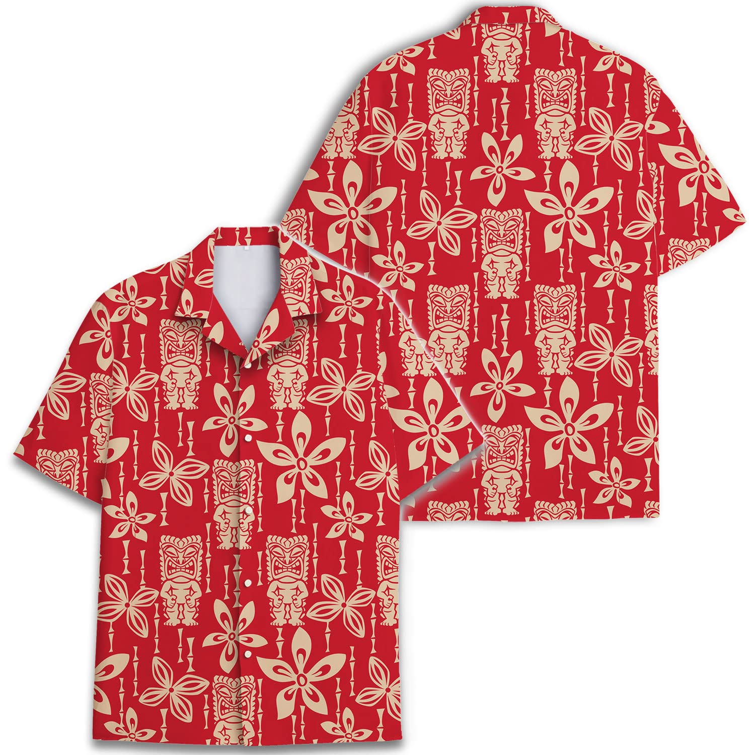 Red Tiki Hawaiian Shirt - Vintage Tribal Floral Print Aloha Beach Shirt