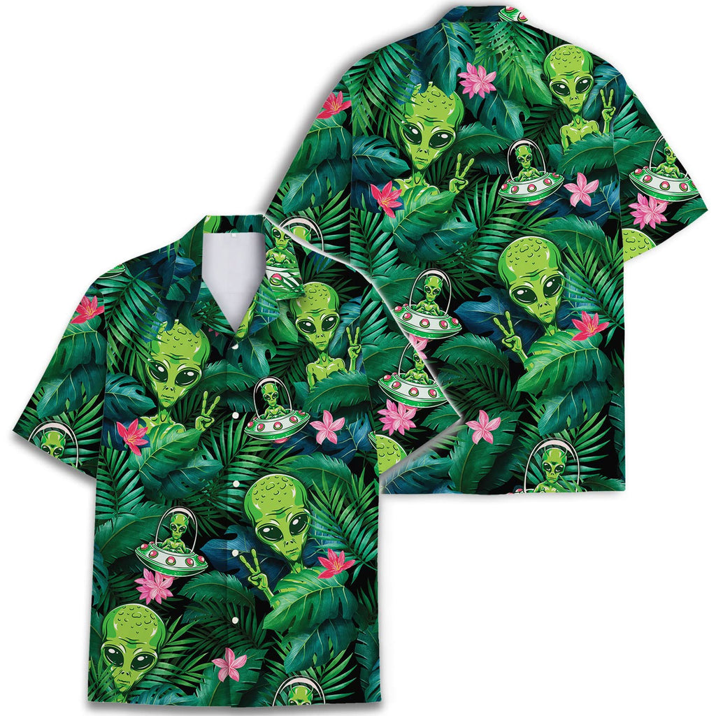 Alien Hawaiian Shirt - Funny UFO Aloha Shirt with Tropical Jungle & Peace Sign