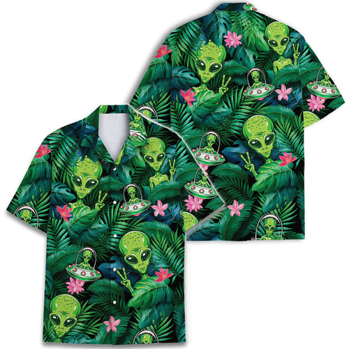 Alien Hawaiian Shirt - Funny UFO Aloha Shirt with Tropical Jungle & Peace Sign