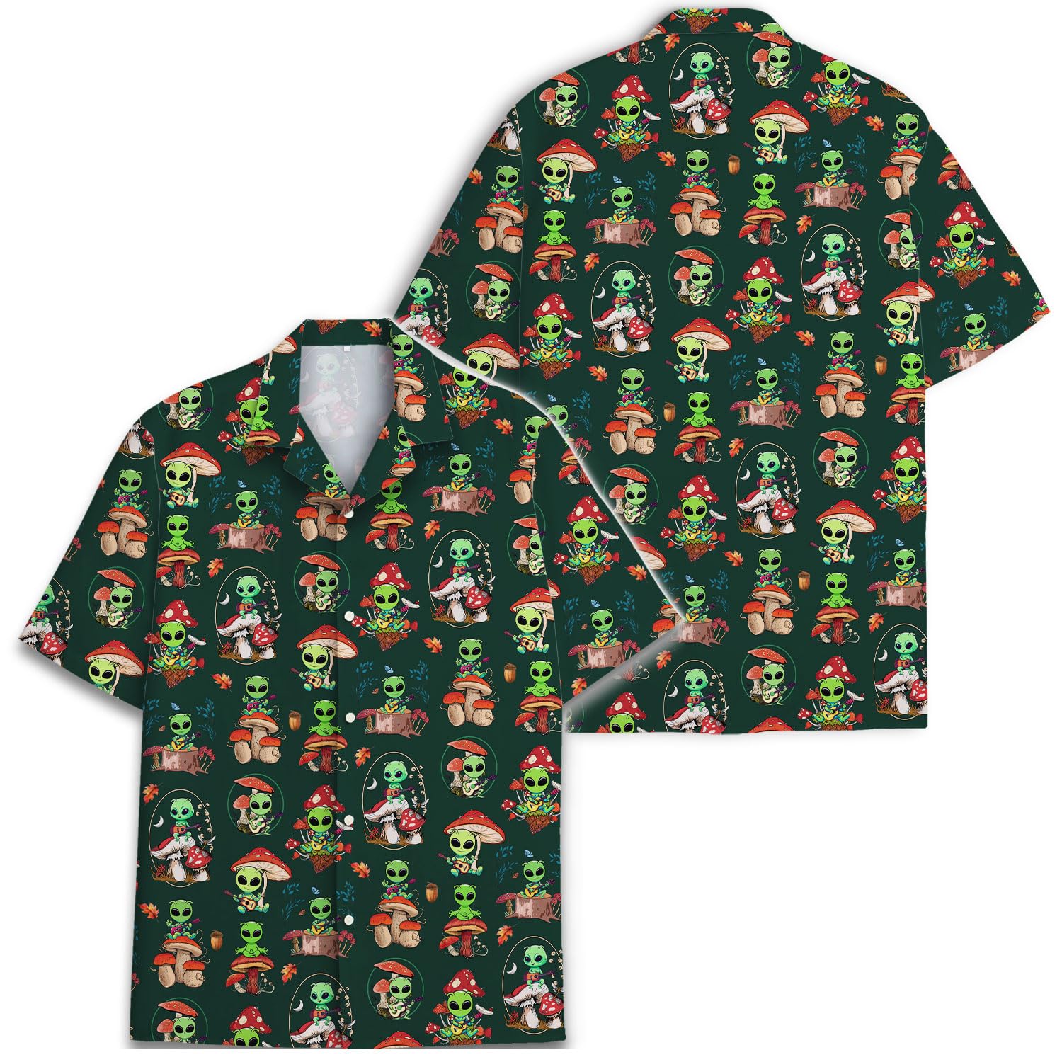Alien Mushroom Hawaiian Shirt - Trippy Forest Alien Aloha Shirt