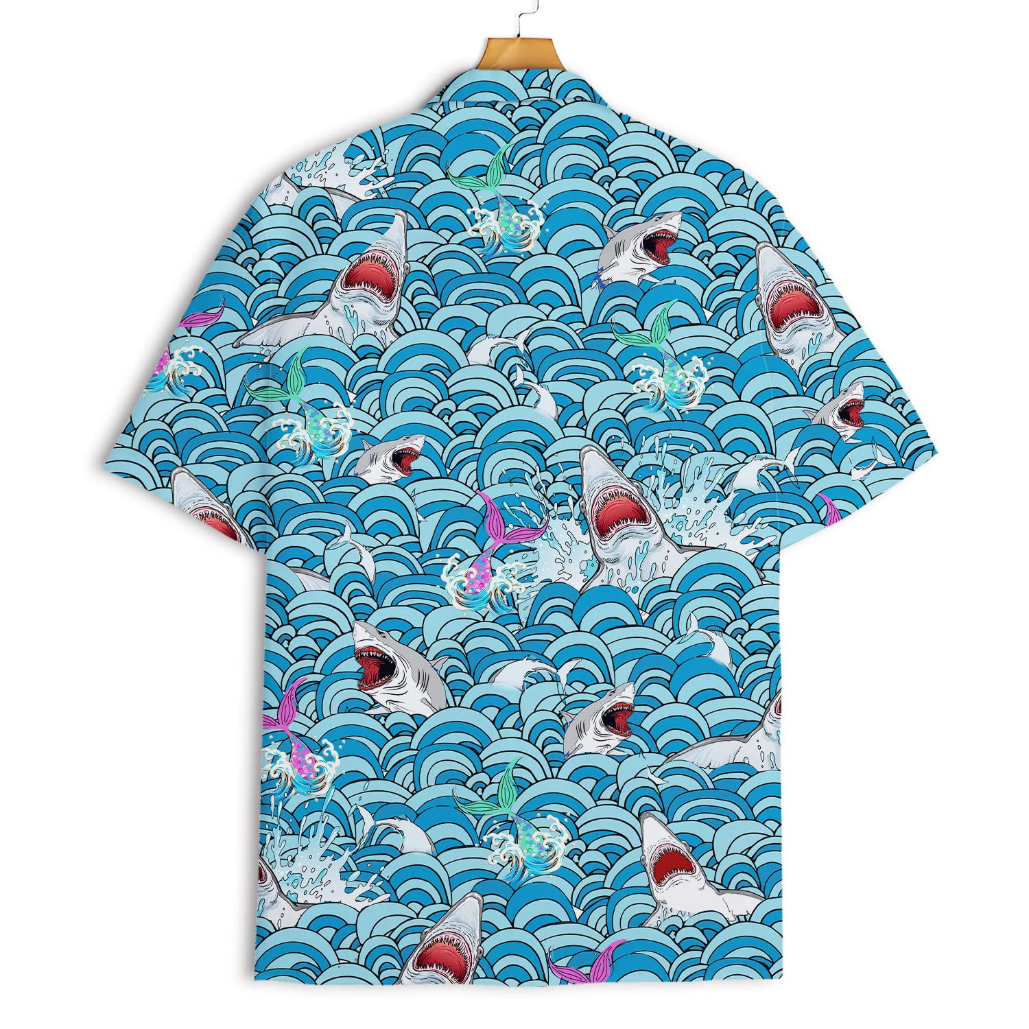 Shark Attack Hawaiian Shirt - Funny Ocean Waves & Mermaid Print Aloha Shirt
