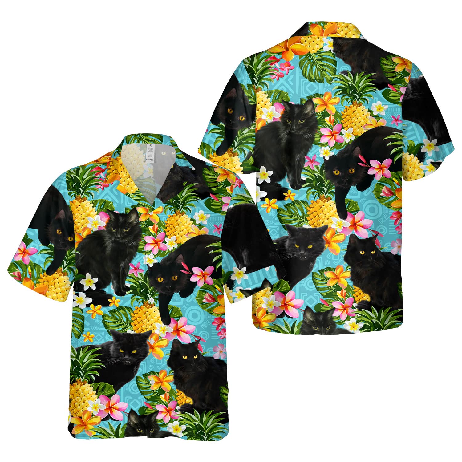 Black Cat Hawaiian Shirt - Tropical Pineapple & Floral Print Aloha Shirt