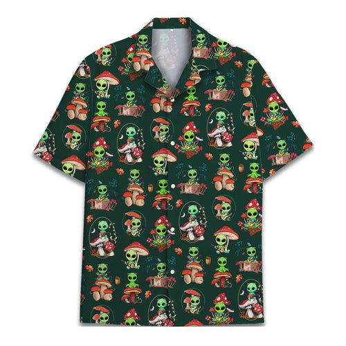 Alien Mushroom Hawaiian Shirt - Trippy Forest Alien Aloha Shirt