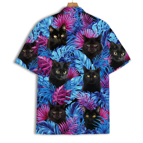 Black Cat Hawaiian Shirt - Tropical Jungle Leaves Aloha Shirt for Cat Lovers