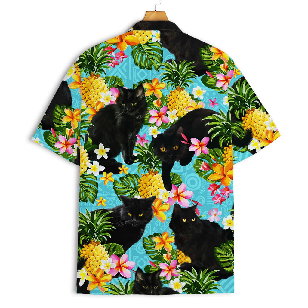 Black Cat Hawaiian Shirt - Tropical Pineapple & Floral Print Aloha Shirt