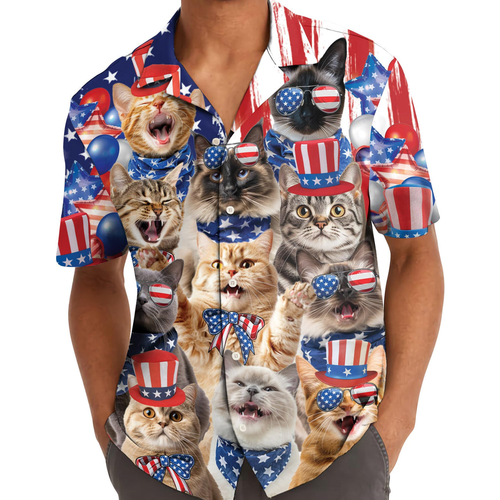Patriotic Cats Hawaiian Shirt - Funny 4th of July Cat Party Shirt for Men & Women