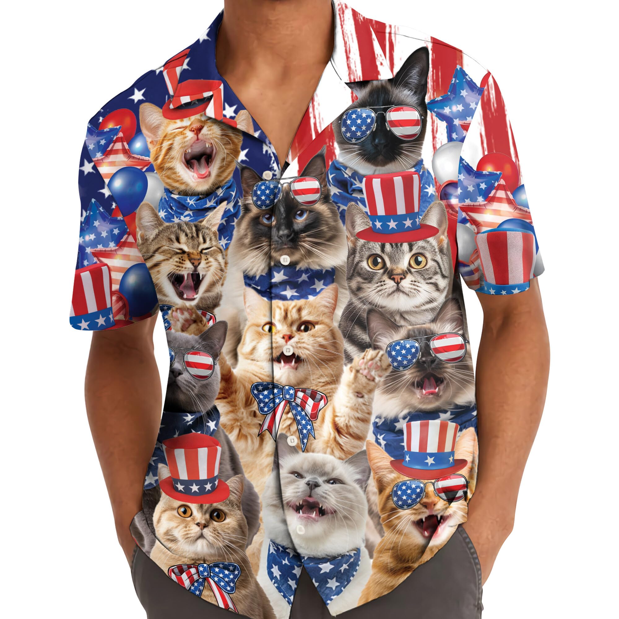 Patriotic Cats Hawaiian Shirt - Funny 4th of July Cat Party Shirt for Men & Women