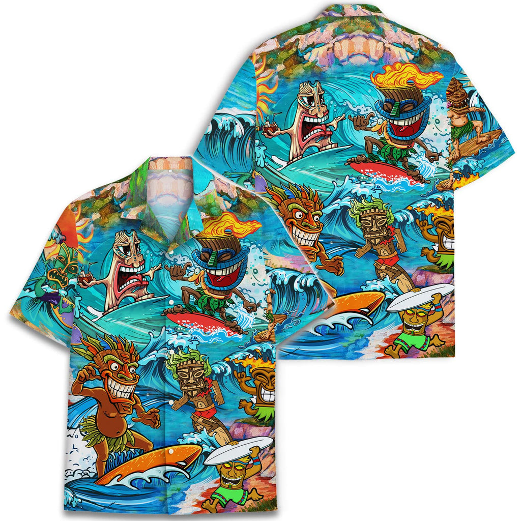 Men's Funny Tiki Hawaiian Shirt - Cartoon Surfing Tribal Print Aloha Beach Button Down