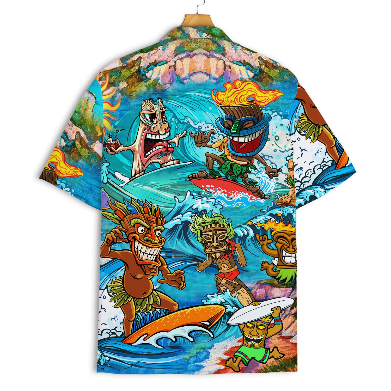 Men's Funny Tiki Hawaiian Shirt - Cartoon Surfing Tribal Print Aloha Beach Button Down