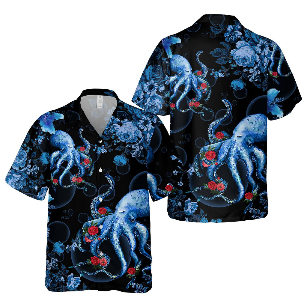 Octopus Floral Hawaiian Shirt - Blue Tentacle & Rose Print Aloha Shirt