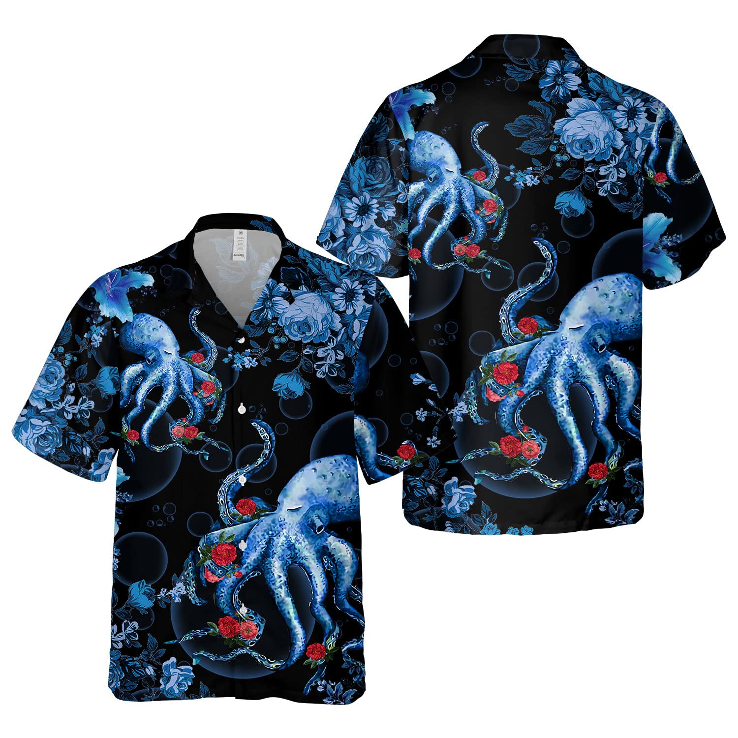 Octopus Floral Hawaiian Shirt - Blue Tentacle & Rose Print Aloha Shirt