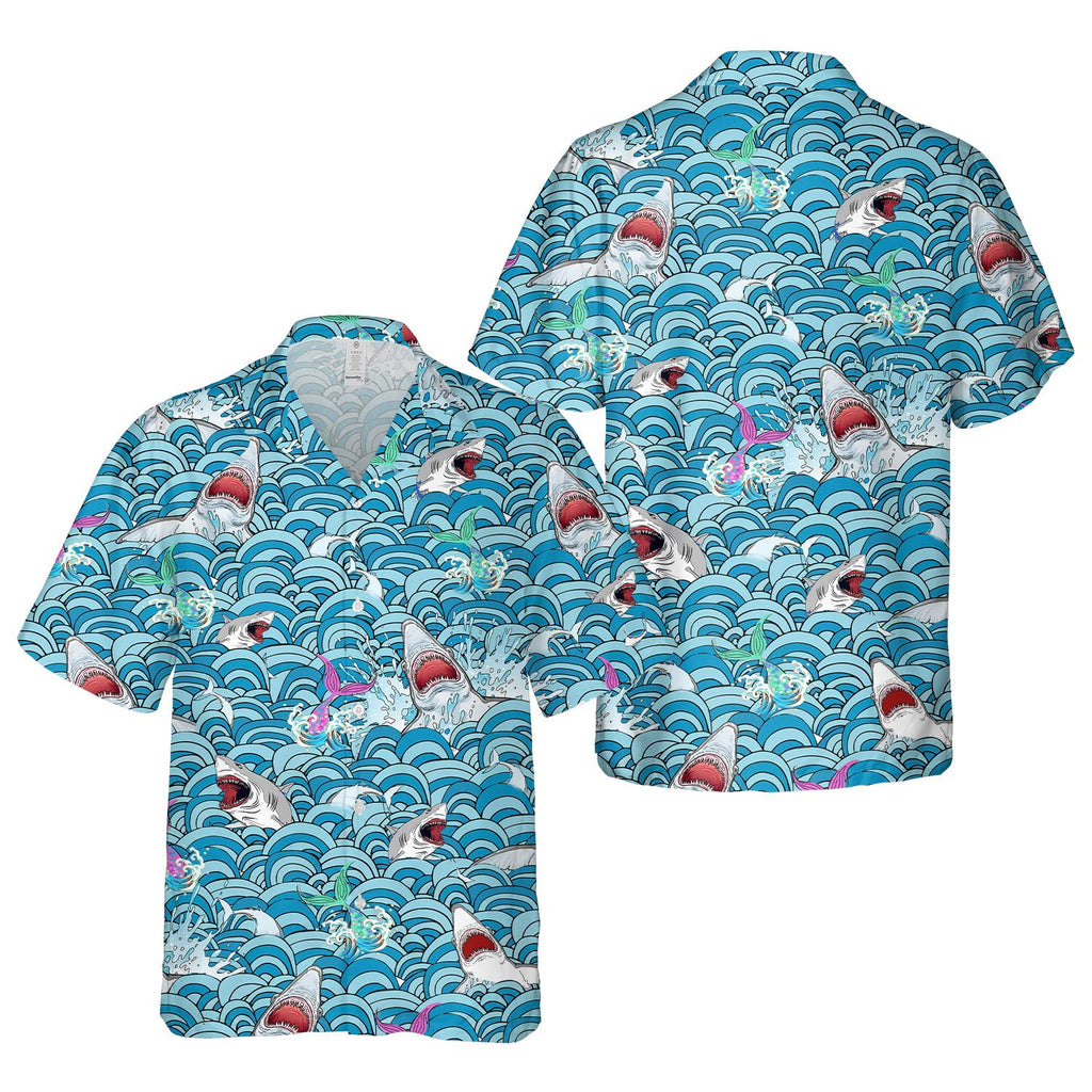 Shark Attack Hawaiian Shirt - Funny Ocean Waves & Mermaid Print Aloha Shirt