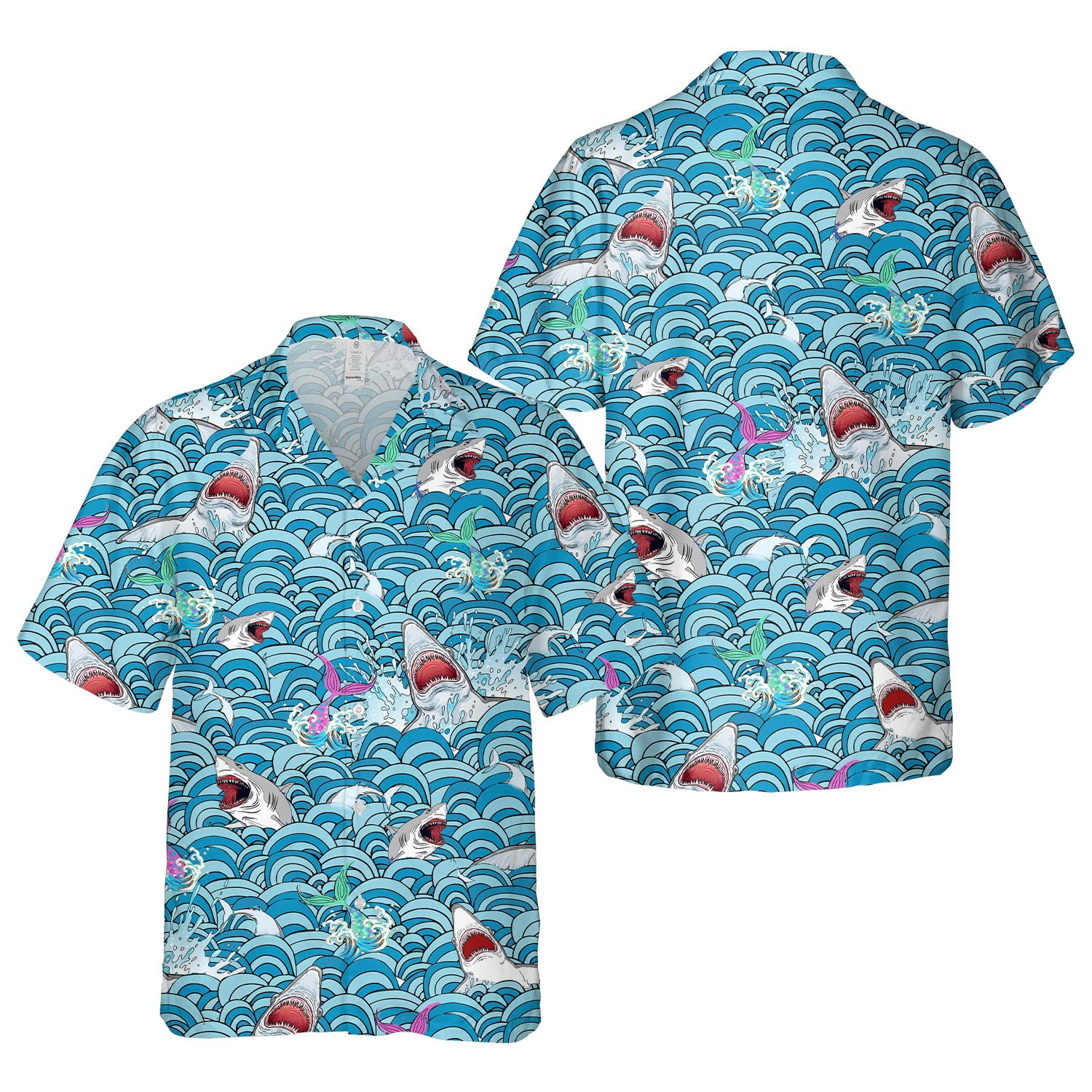Shark Attack Hawaiian Shirt - Funny Ocean Waves & Mermaid Print Aloha Shirt