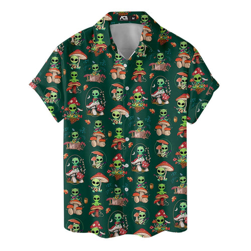 Alien Mushroom Hawaiian Shirt - Trippy Forest Alien Aloha Shirt