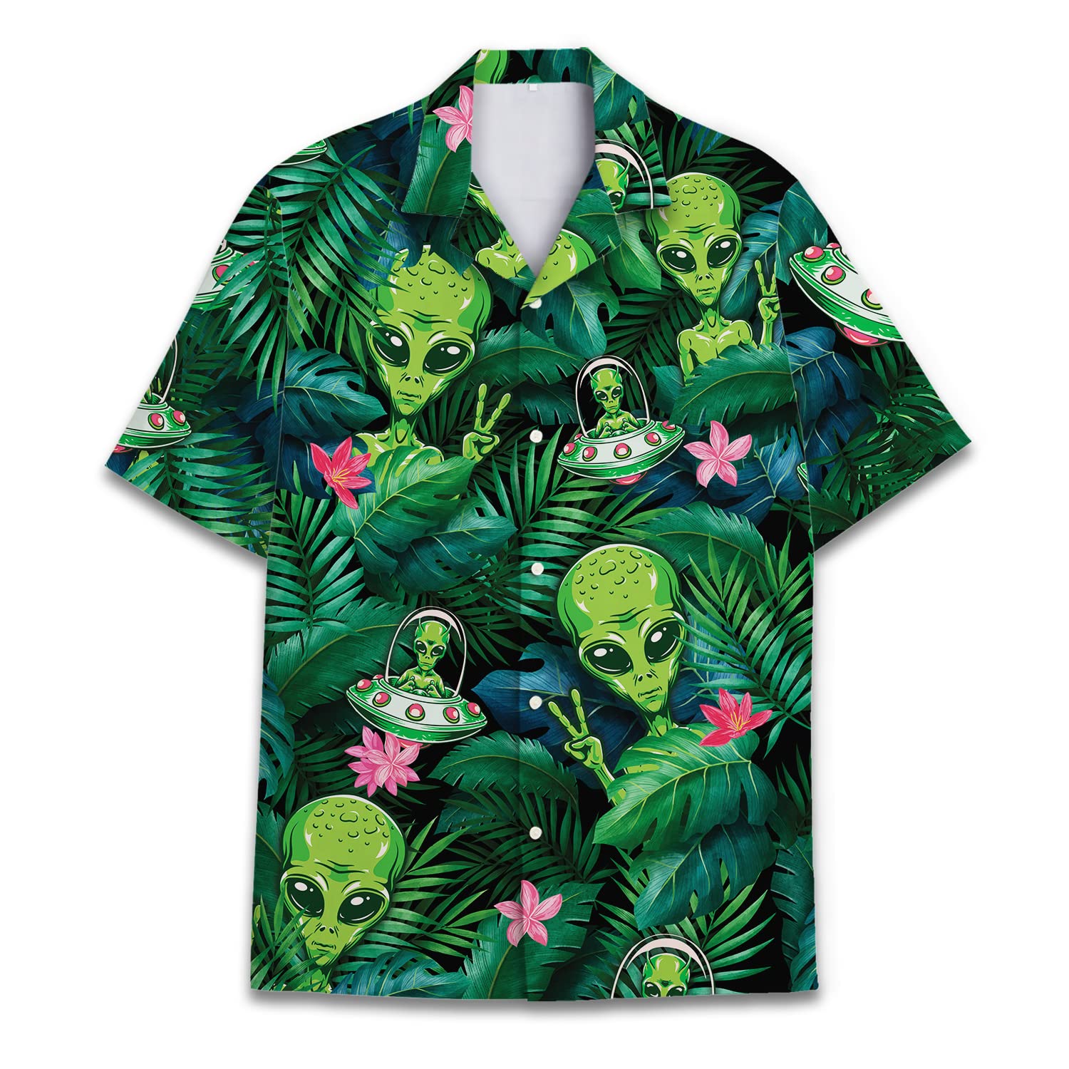 Alien Hawaiian Shirt - Funny UFO Aloha Shirt with Tropical Jungle & Peace Sign