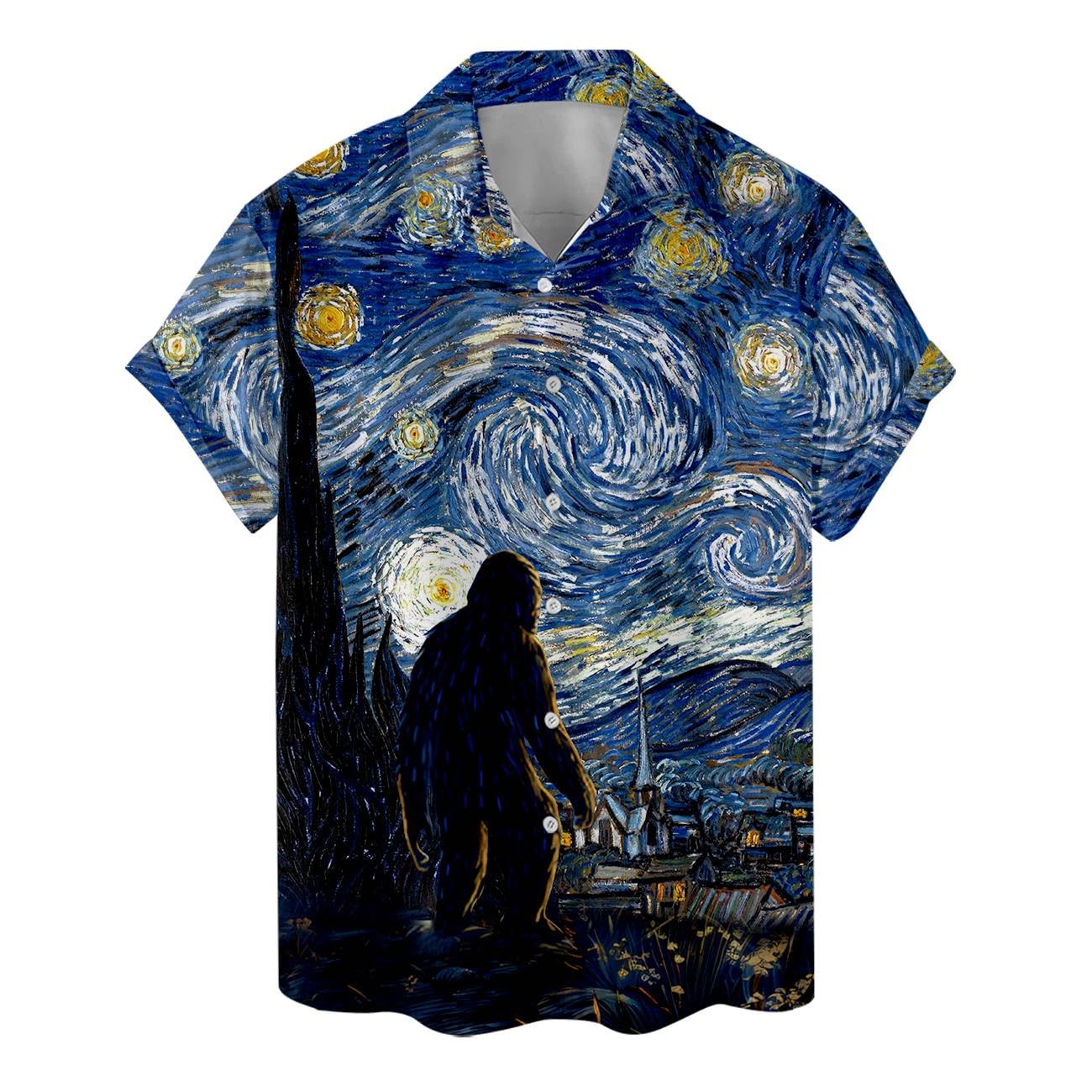 Bigfoot Starry Night Hawaiian Shirt - Funny Cryptid Art Tee