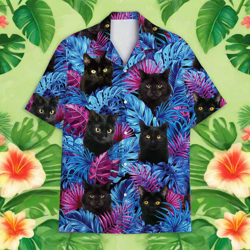 Black Cat Hawaiian Shirt - Tropical Jungle Leaves Aloha Shirt for Cat Lovers