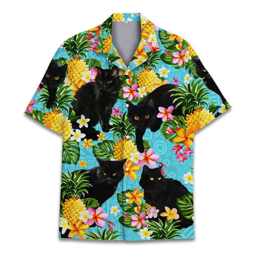 Black Cat Hawaiian Shirt - Tropical Pineapple & Floral Print Aloha Shirt