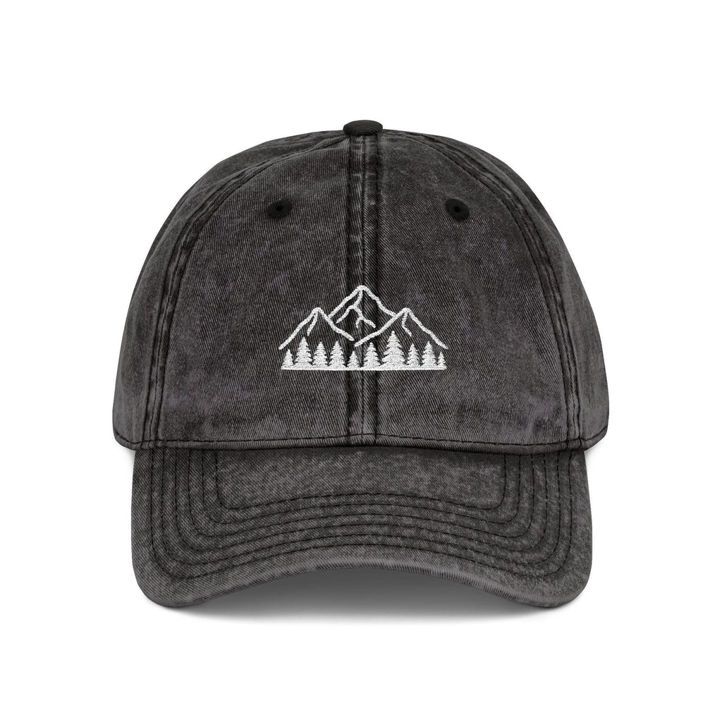 Mountain Forest Embroidered Dad Hat - Black Washed Nature Cap
