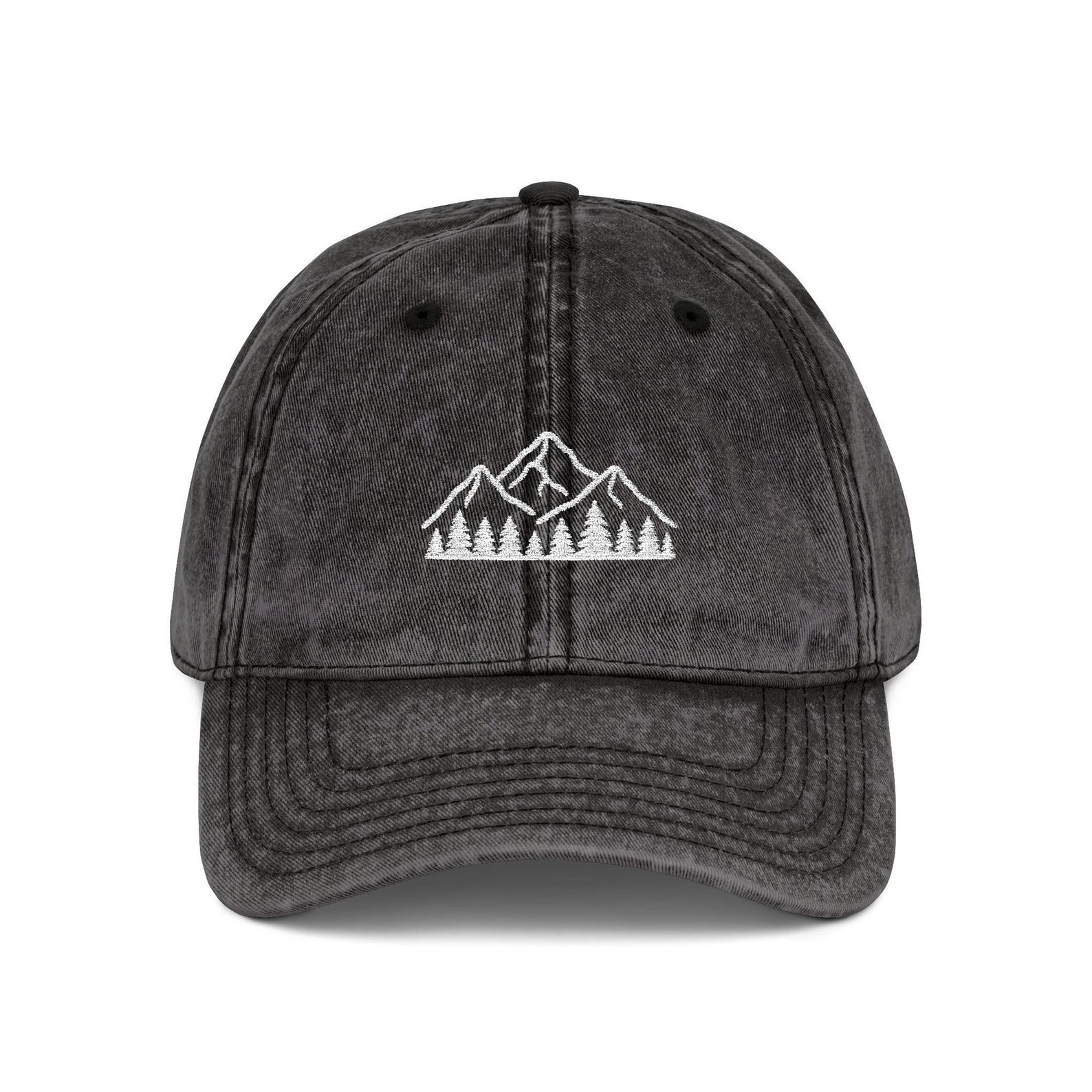 Mountain Forest Embroidered Dad Hat - Black Washed Nature Cap