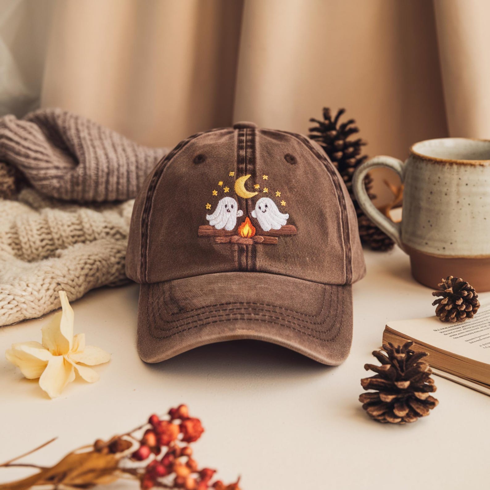 Brown Ghost Campfire Hat - Embroidered Spooky Fall Dad Cap