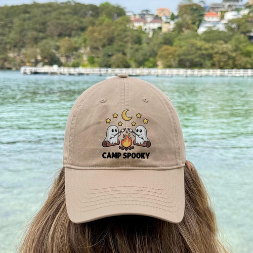 Camp Spooky Ghost Hat - Embroidered Beige Halloween Cap