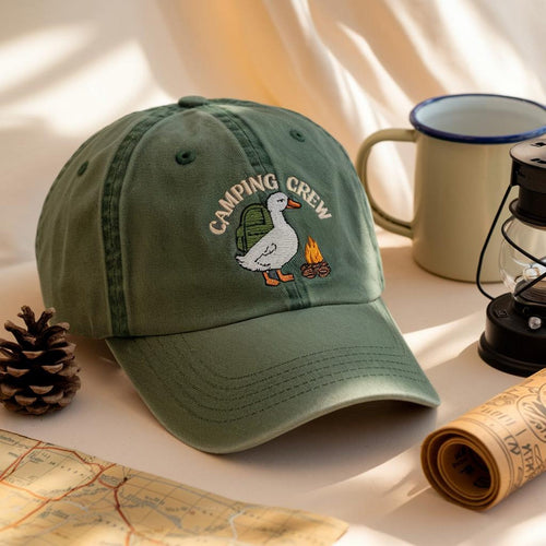 Camping Crew Duck Embroidered Hat - Green Dad Cap for Outdoor Lovers